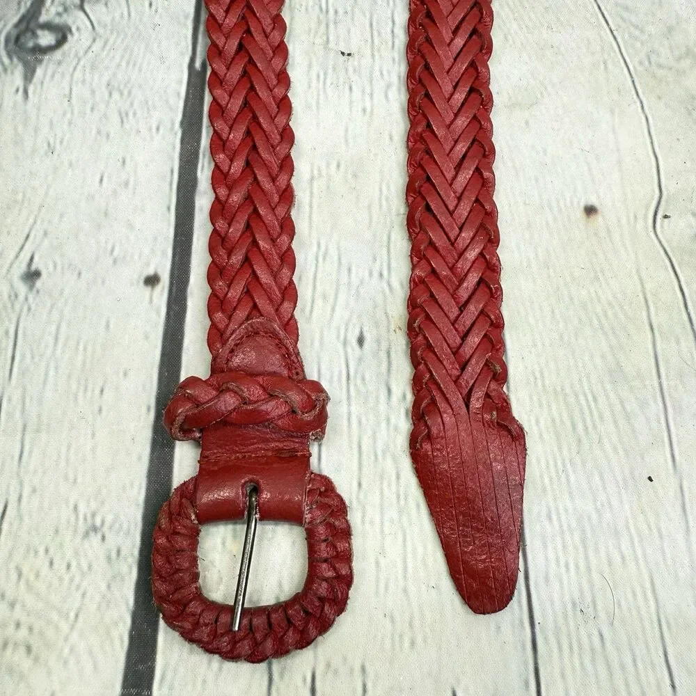 Vintage Red Woven Leather Belt Women Size Large Braided Boho Adjustable 43